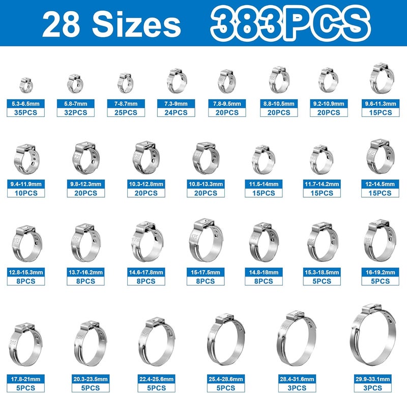 Easily 383PCS 28 Sizes Single Ear Hose Clamps, 304 Stainless Steel Ear Clamps, 5.3-33.1mm Stepless Adjustable Cinch Clamps for Automotive, Home Appliance Line and Plumbing, Double Sided Organizer - Image 2